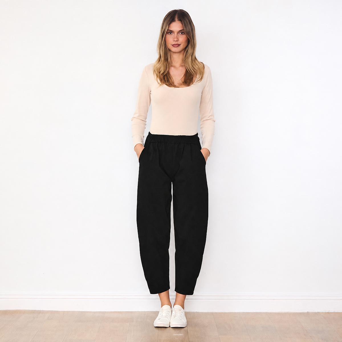 Elora Barrel Leg Trousers (Black) - Front View