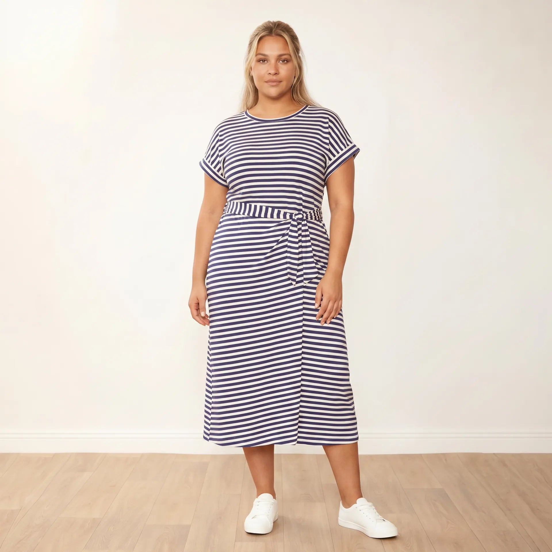 Lenny Dress Blue Stripe - Plus Size XXL - Front arms relaxed