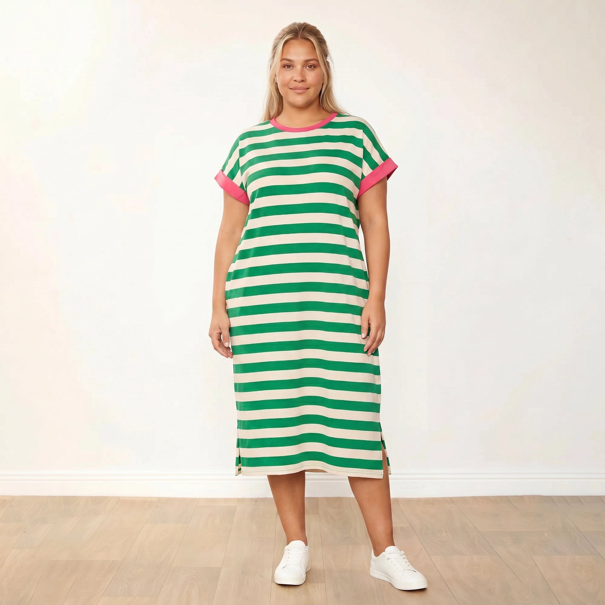 Rachel Dress (Green Stripe/Pink) - Plus Size XXL - Front Neutral