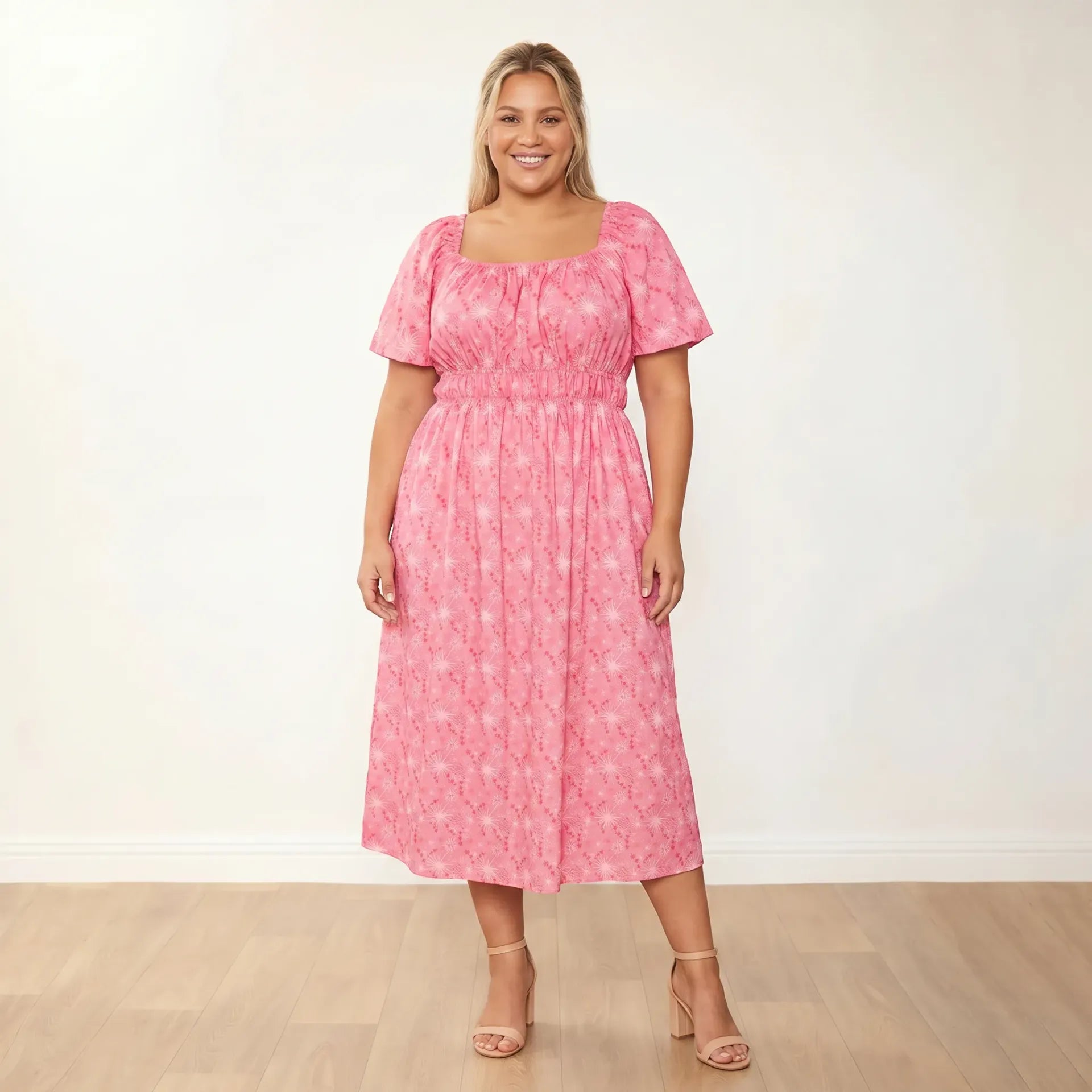 Ciara Dress Pink Star - Plus Size Model XXL - Front hands behind back