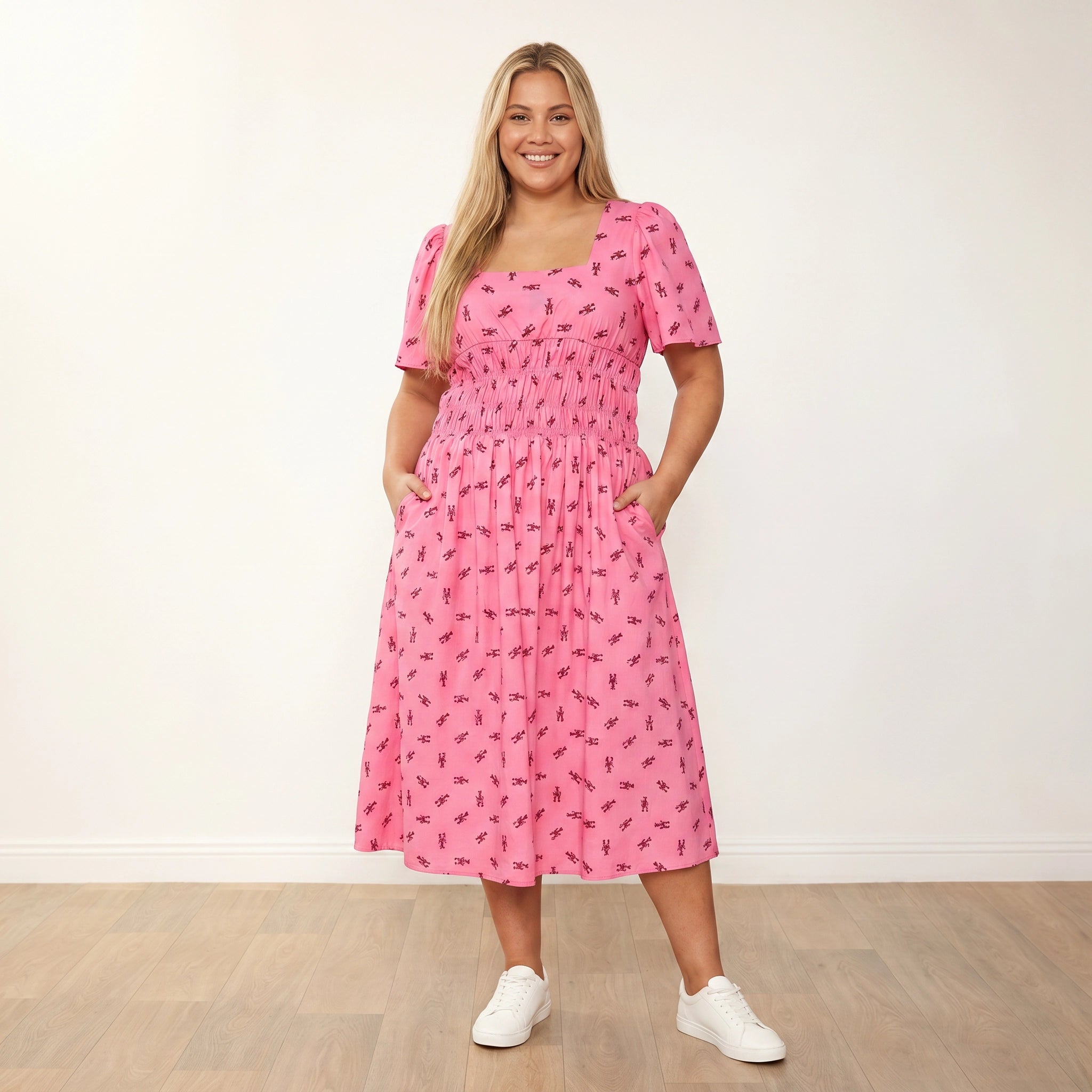 Iris Dress Pink Lobster - Plus Size XXL - Front Hands in Pockets