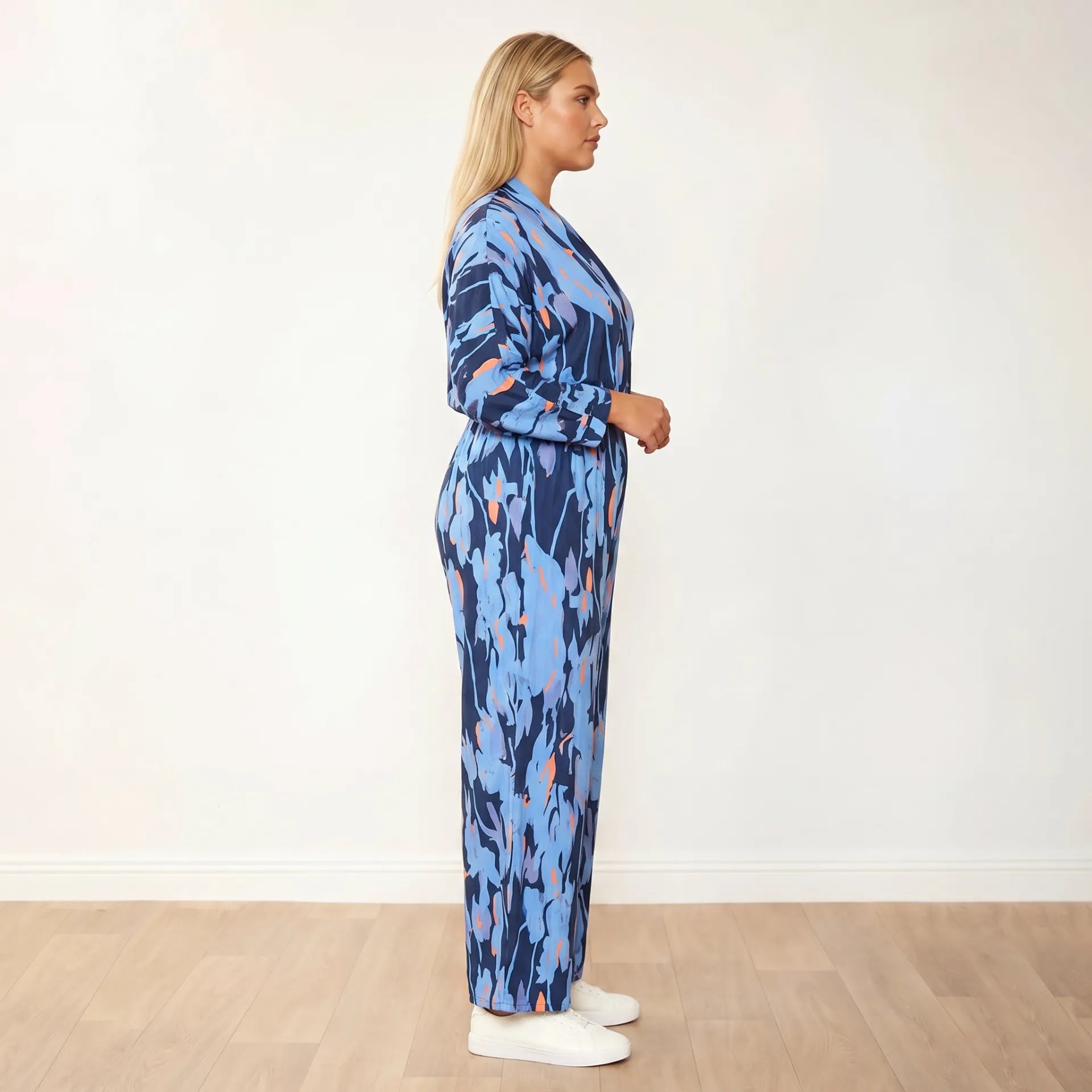 Vogue Jumpsuit (Navy/Orange Abstract) - Plus Size Model, Front Hands in Pockets