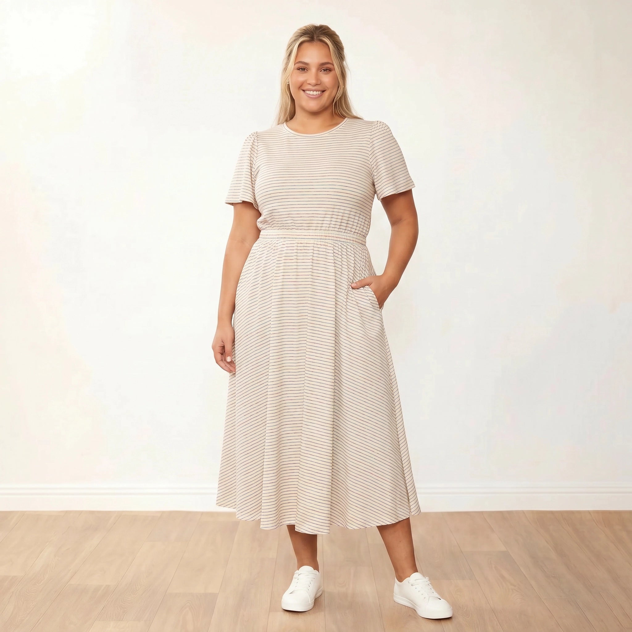 Eilish Dress Cream Blue - Eliza XXL front one hand in pocket