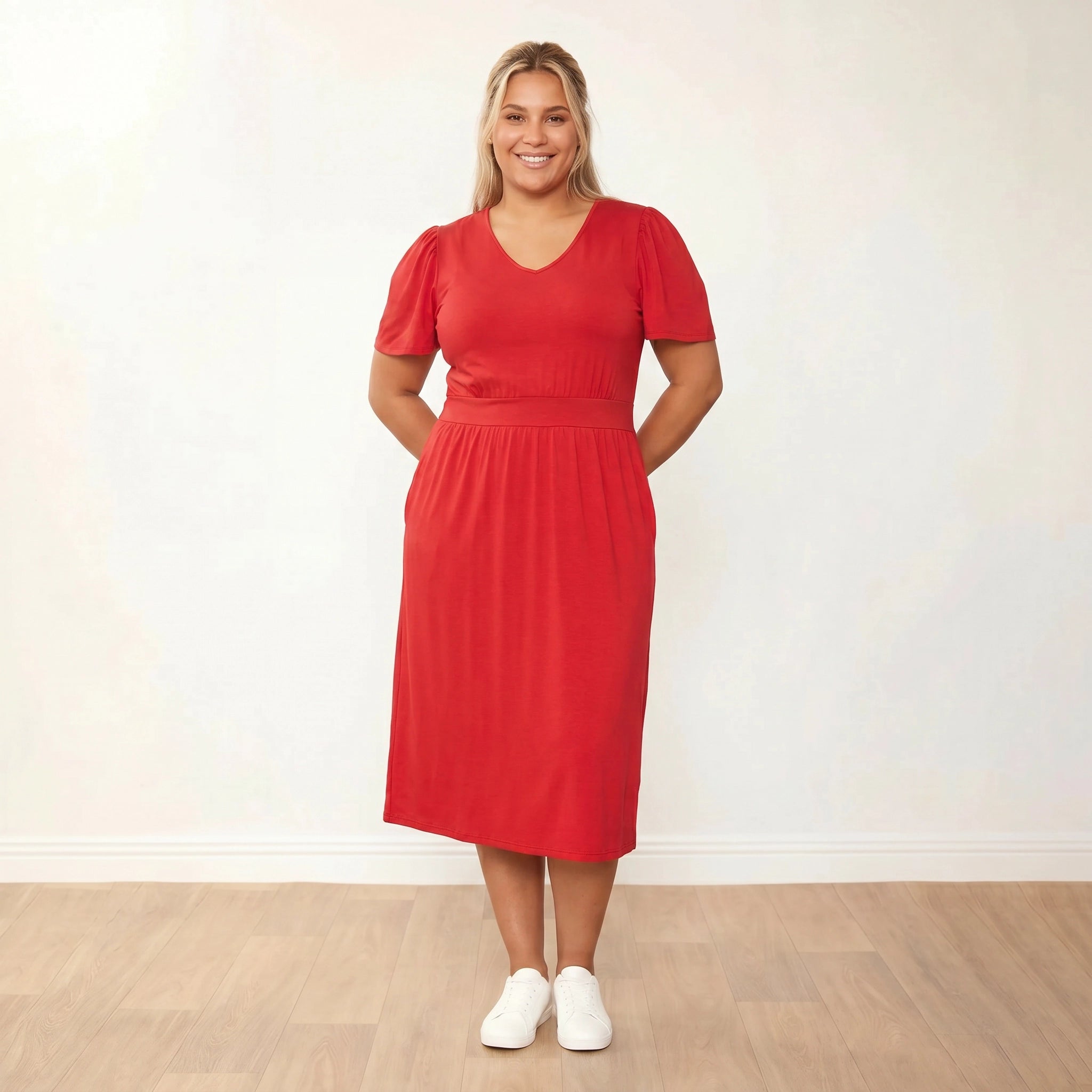Lois Dress Red - Plus Size XXL - Front Hands Behind Back