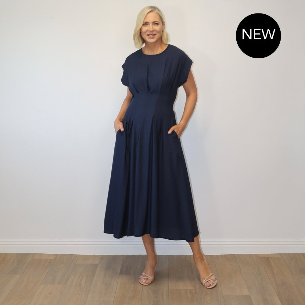 Elise Pleated Midi Dress (Navy)