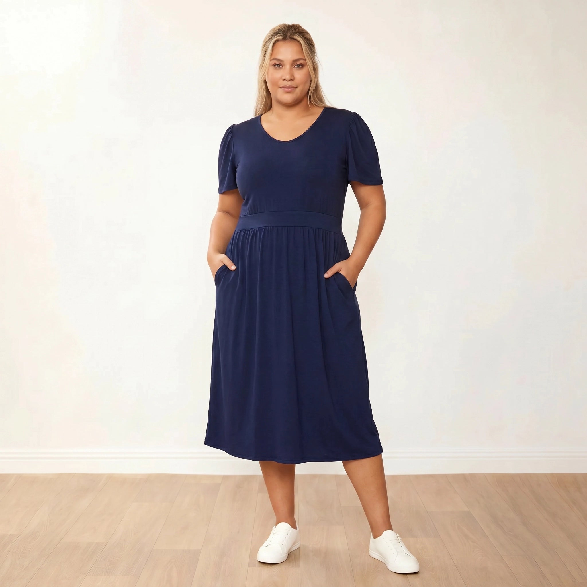 Lois Dress Navy - Plus Size XXL - Front hands in pockets neutral