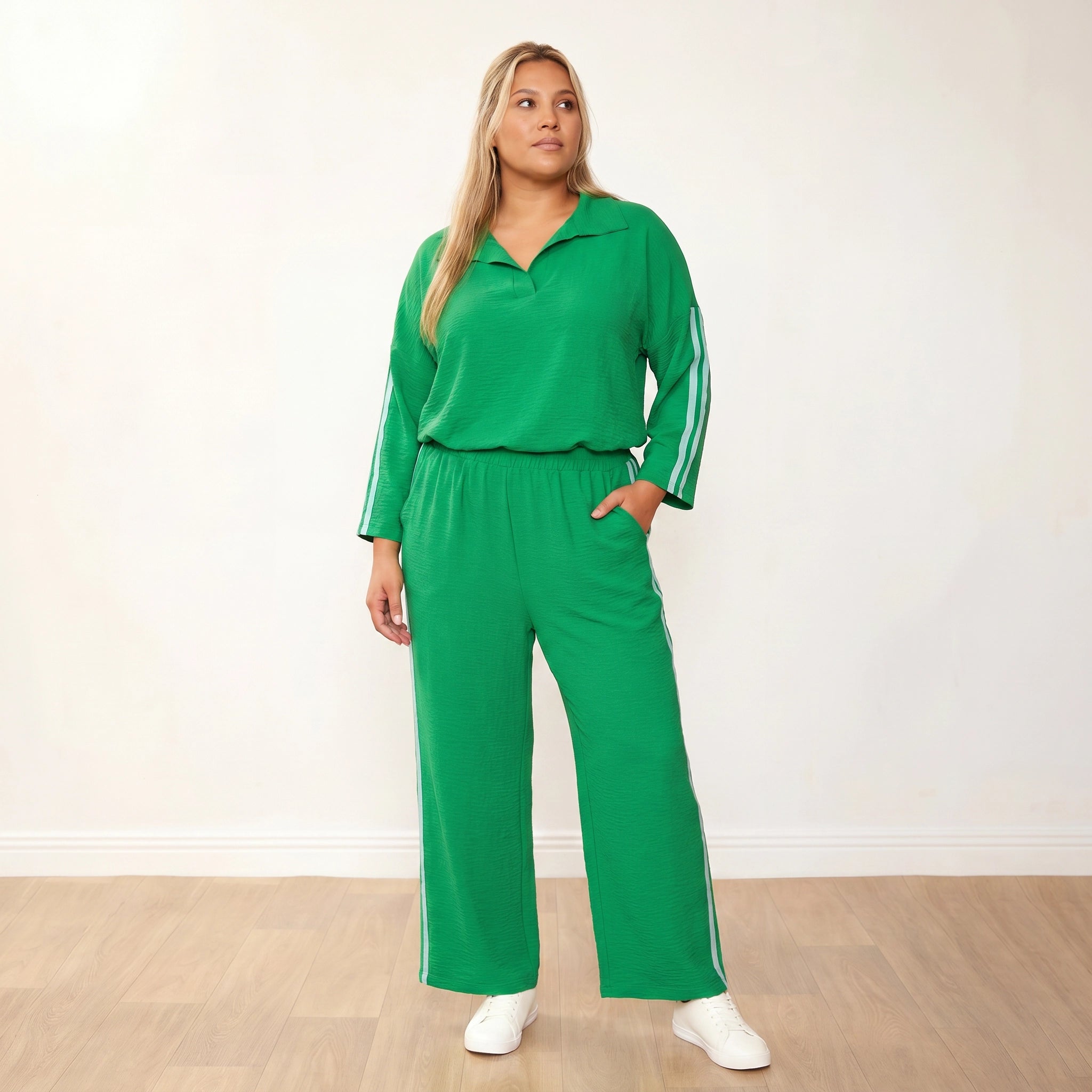 Clara Co-Ord Green Mint Stripe - Plus Size XXL - Front looking away one hand in pocket
