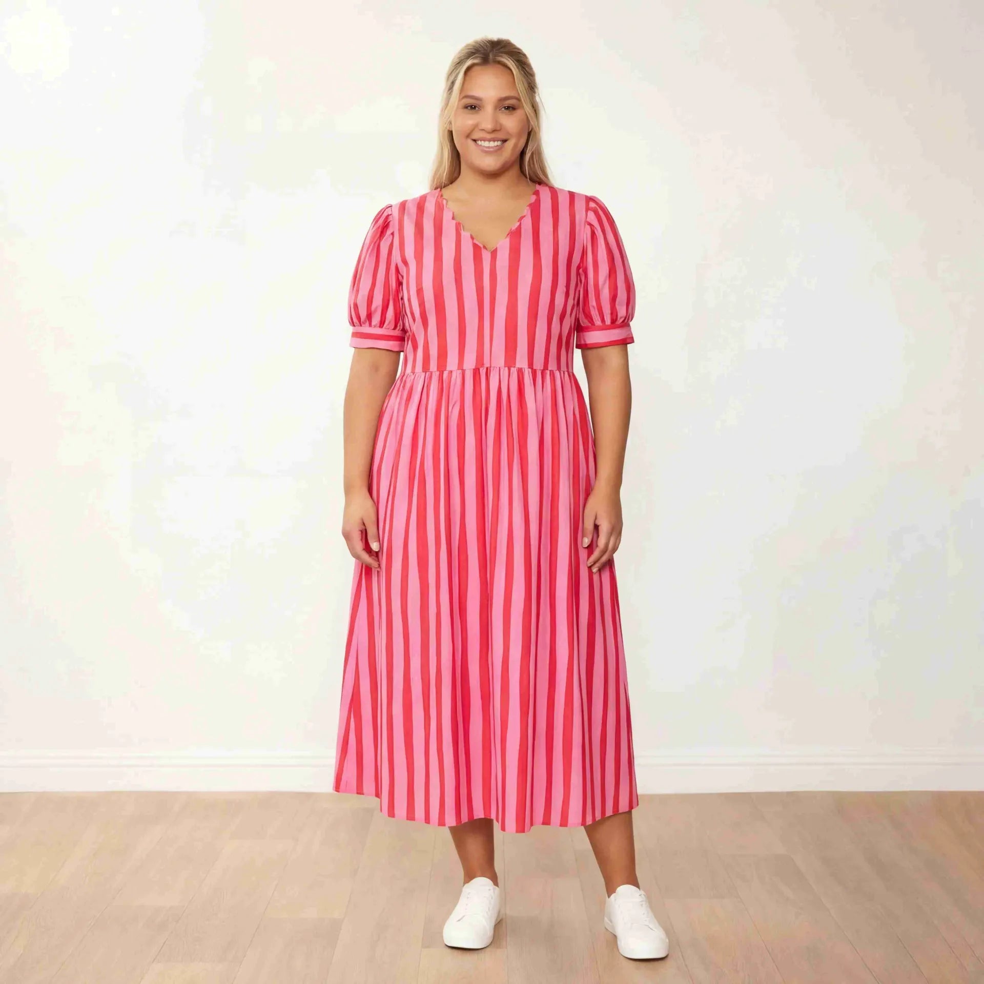 Billy Dress Pink Red Stripe - Plus Size Front View