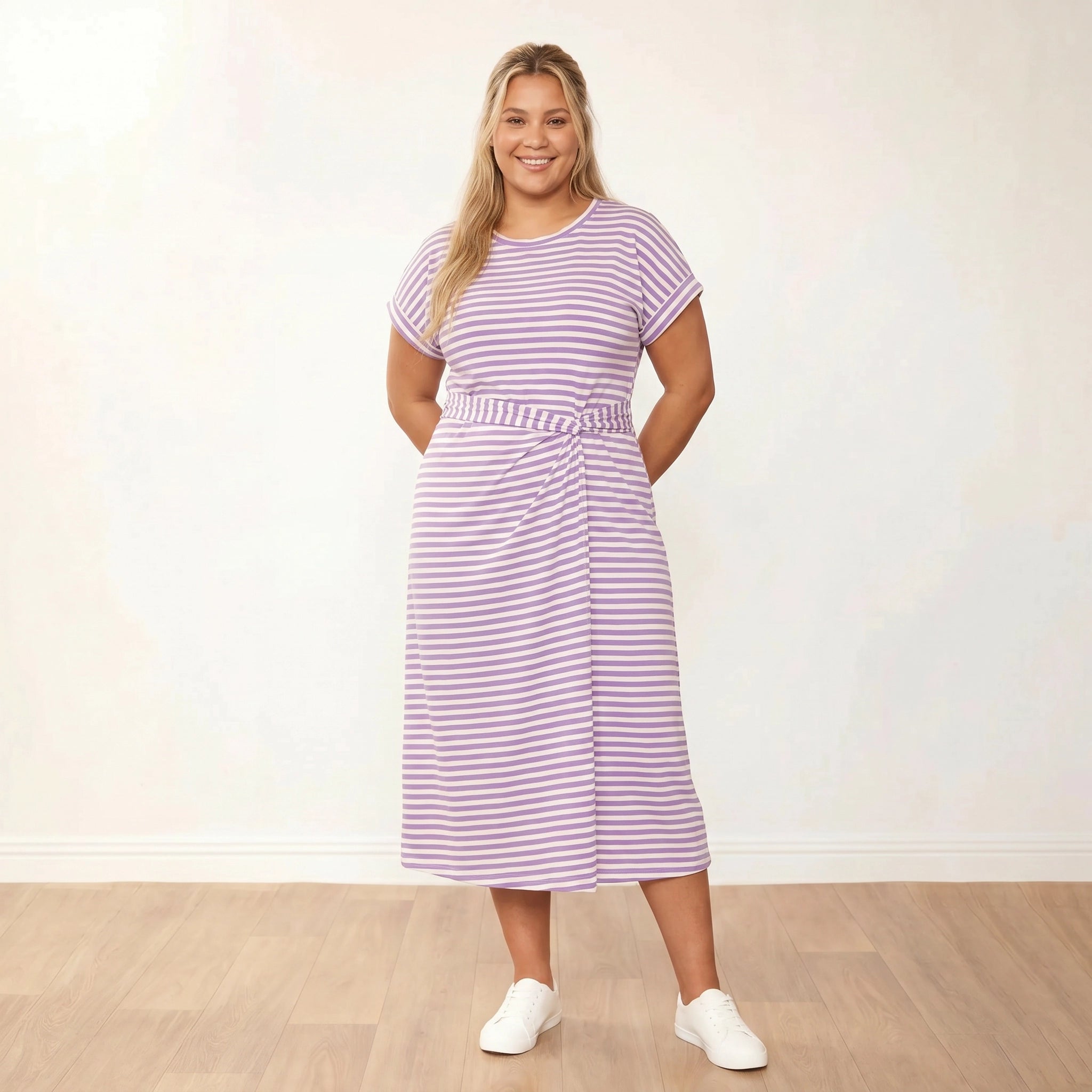 Lenny Dress Purple Stripe - Plus Size - Front hands behind back