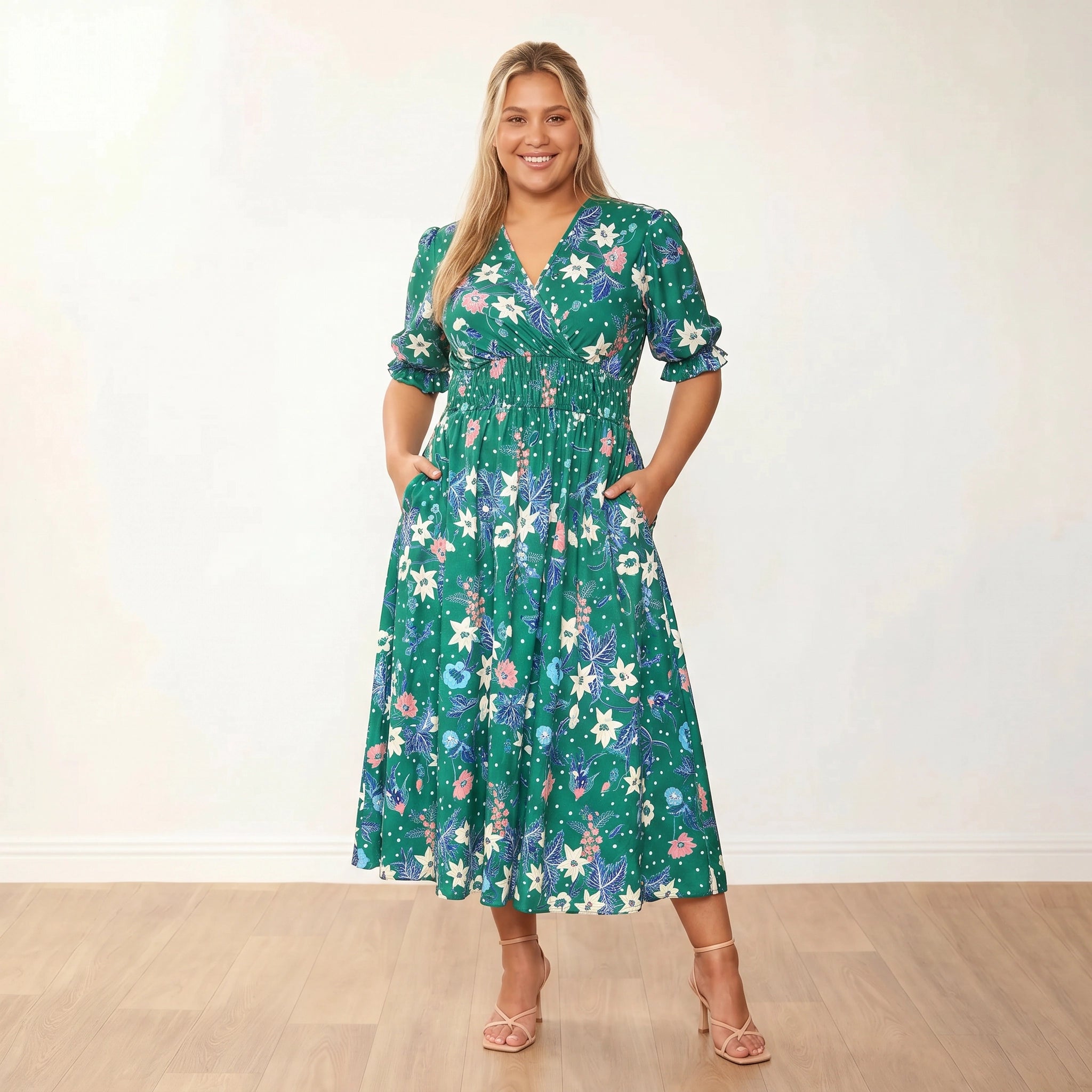 Bonnie Dress (Emerald/Lily) - Plus Size XXL - Front, candid smile, hands in pockets