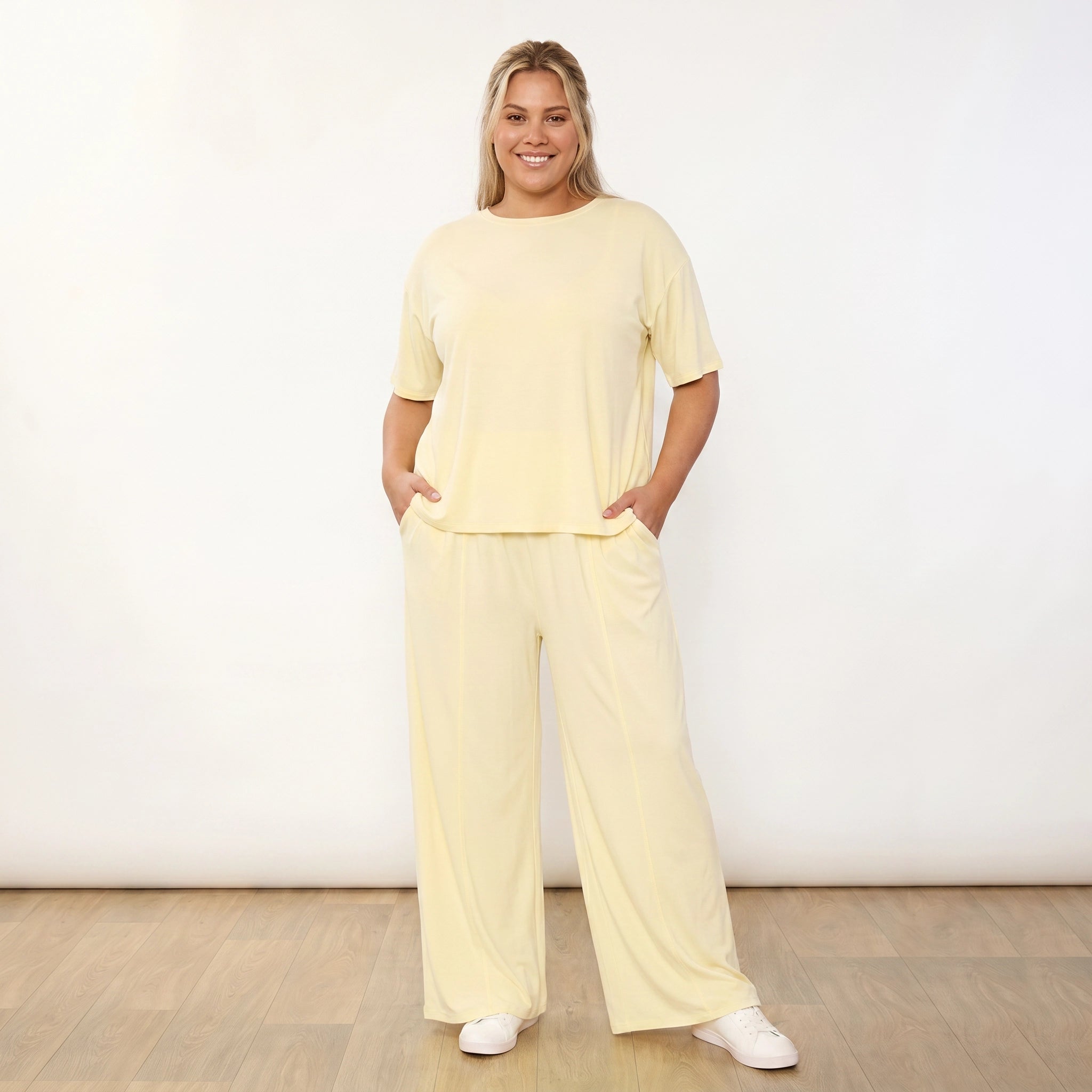 Sally Co-Ord Lemon - Plus Size - Front both hands in pockets