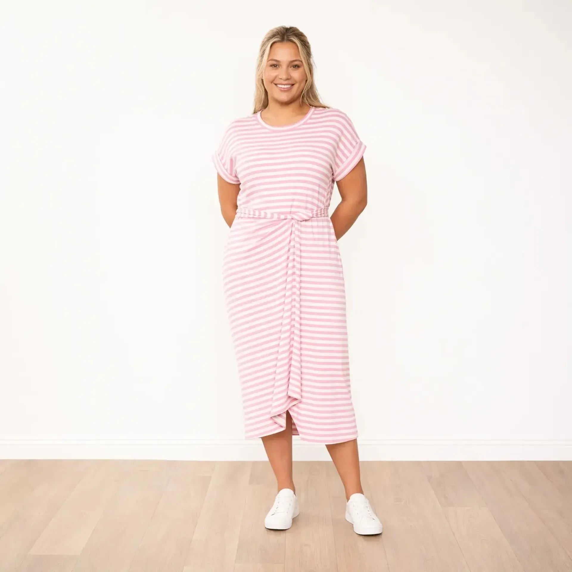 Lenny Dress Pink Stripe - Eliza XXL - Front hands behind back smiling