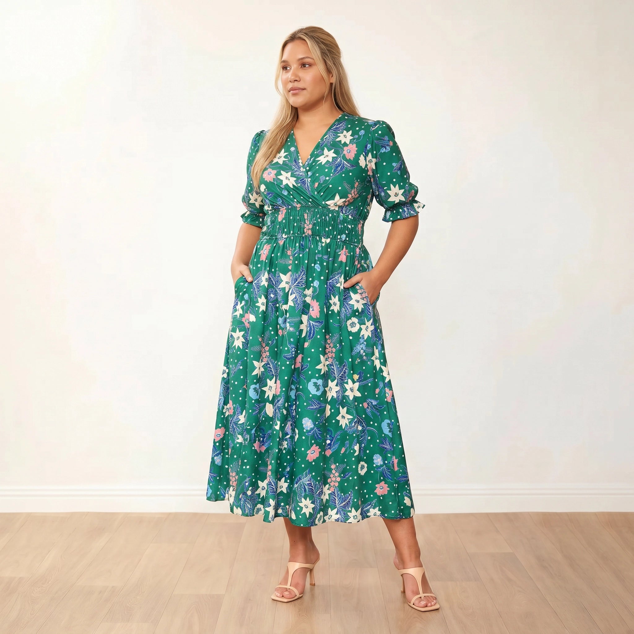 Bonnie Dress (Emerald/Lily) - Plus Size XXL - Front, slight body turn, off-camera gaze