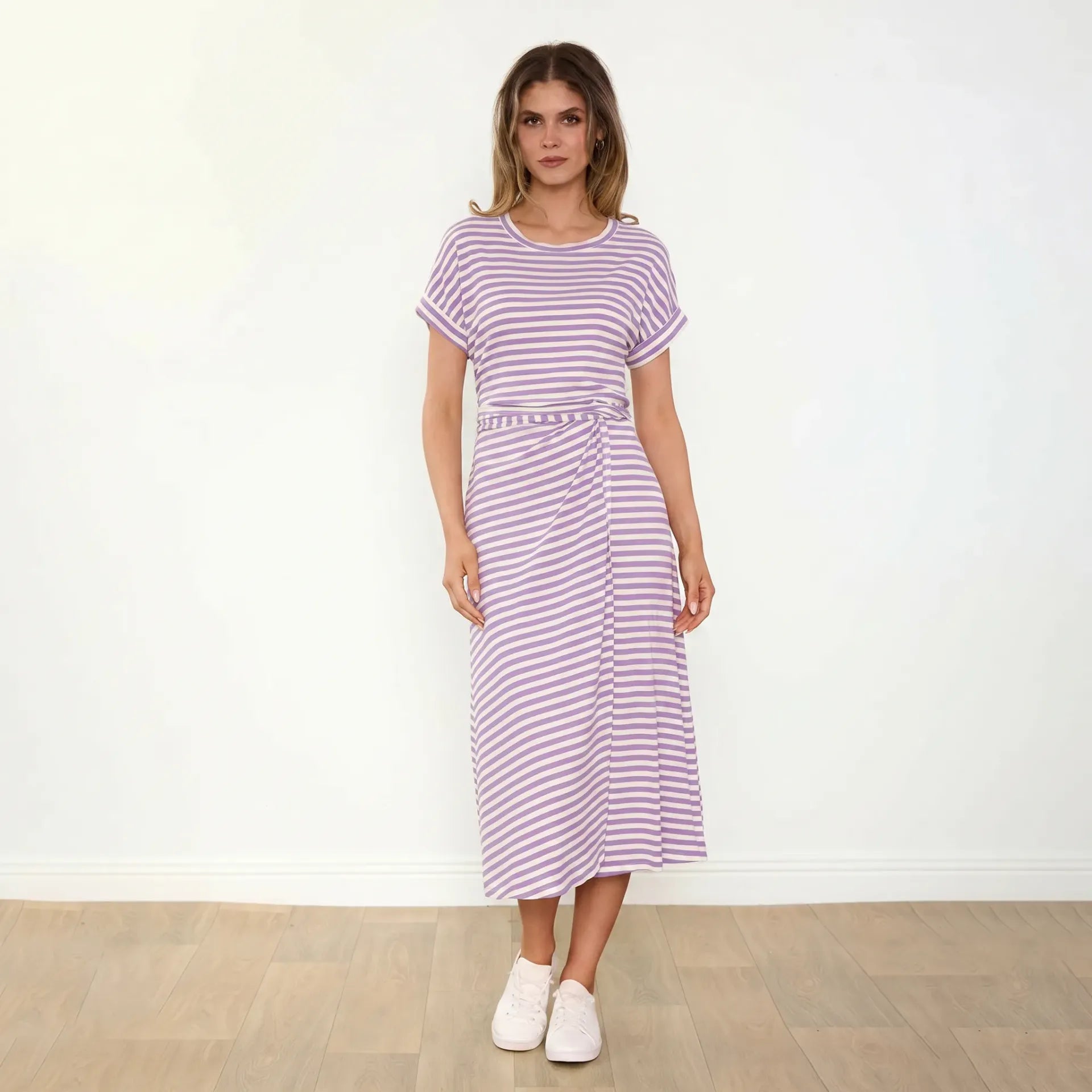 Lenny Dress Purple Stripe - Plus Size - Front smiling one hand in pocket