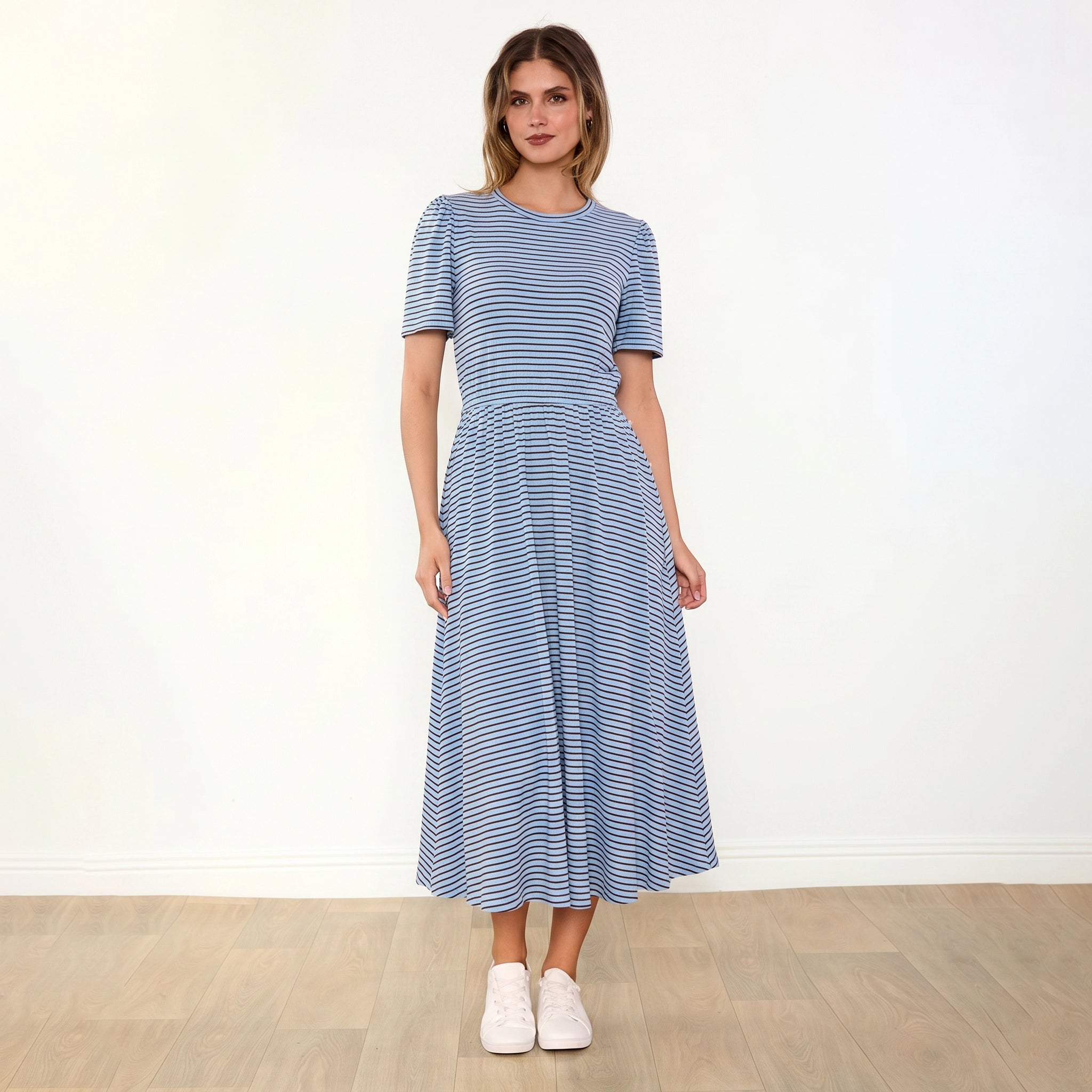 Eilish Dress (Blue/Brown) - Front, arms relaxed