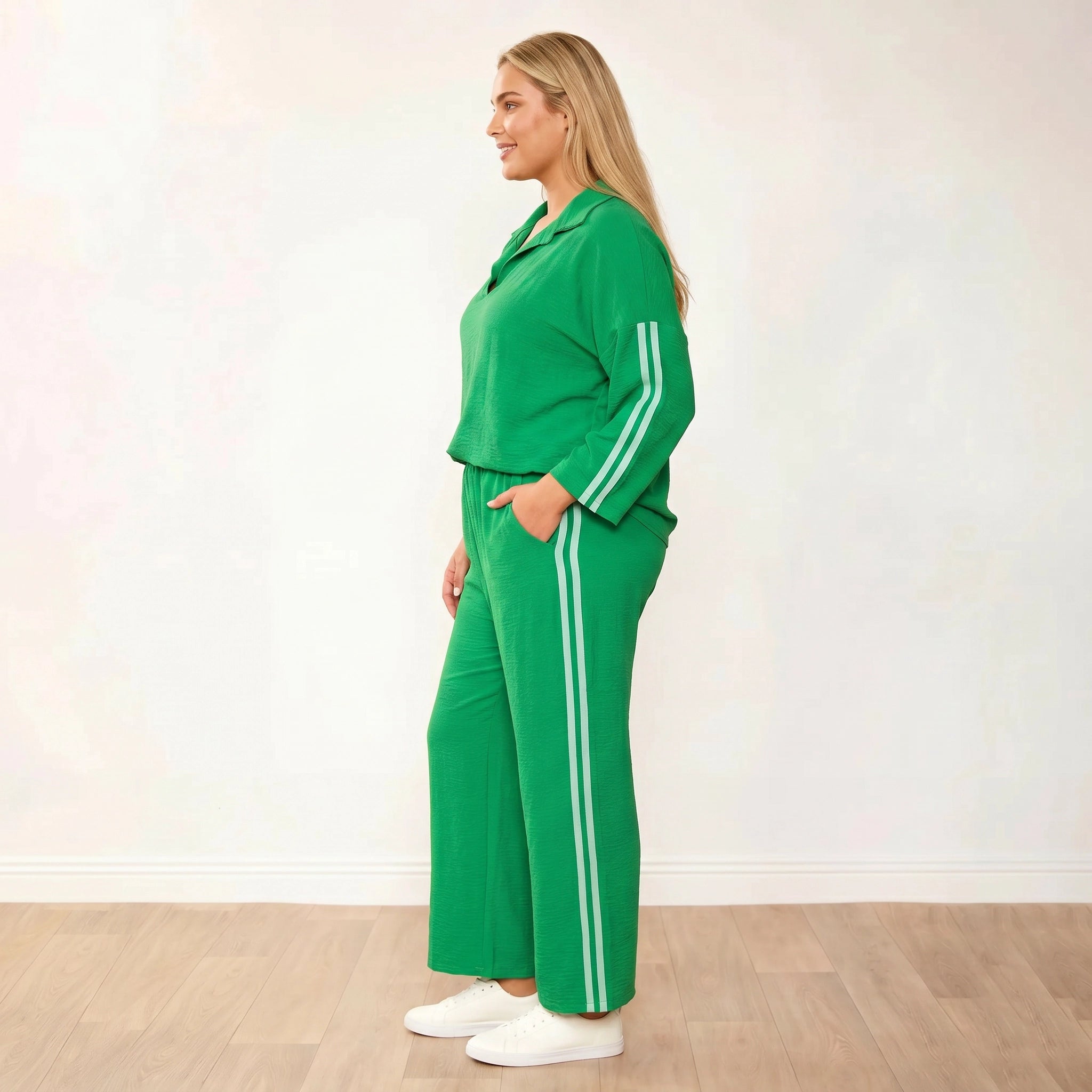 Clara Co-Ord Green Mint Stripe - Plus Size XXL - Side profile warm smile