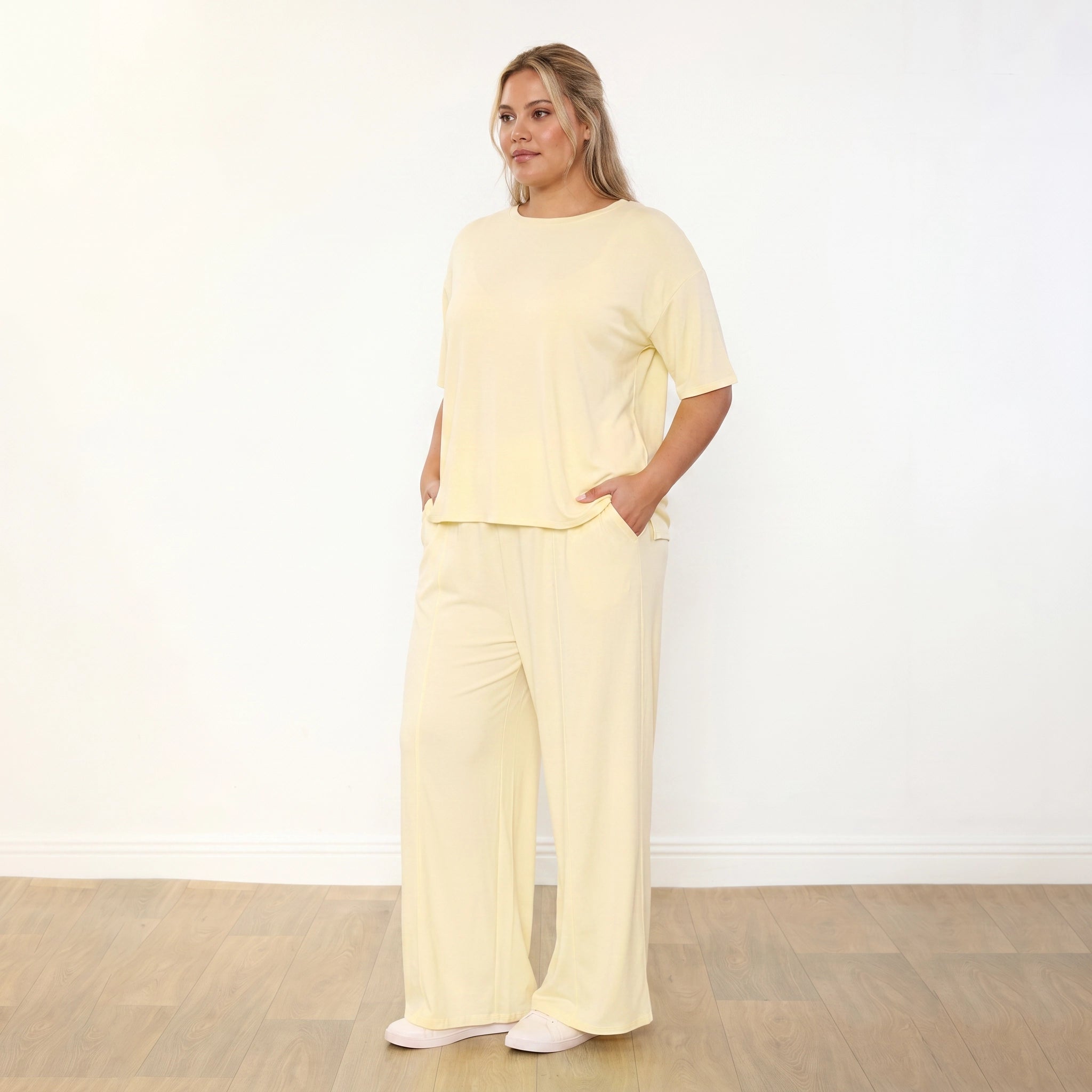 Sally Co-Ord Lemon - Plus Size - 3/4 angle hands in pockets