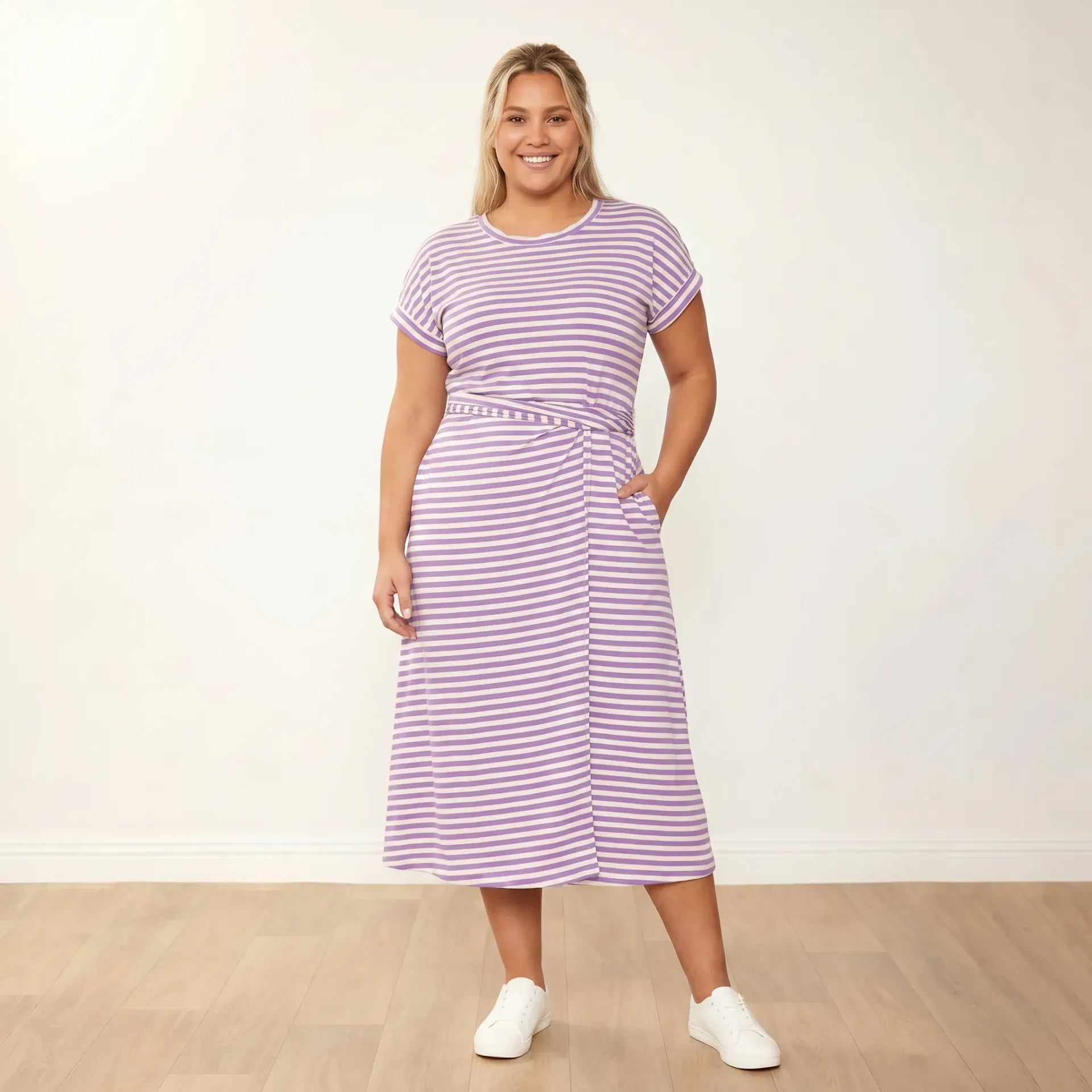 Lenny Dress Purple Stripe - Plus Size - Front smiling hands on hips