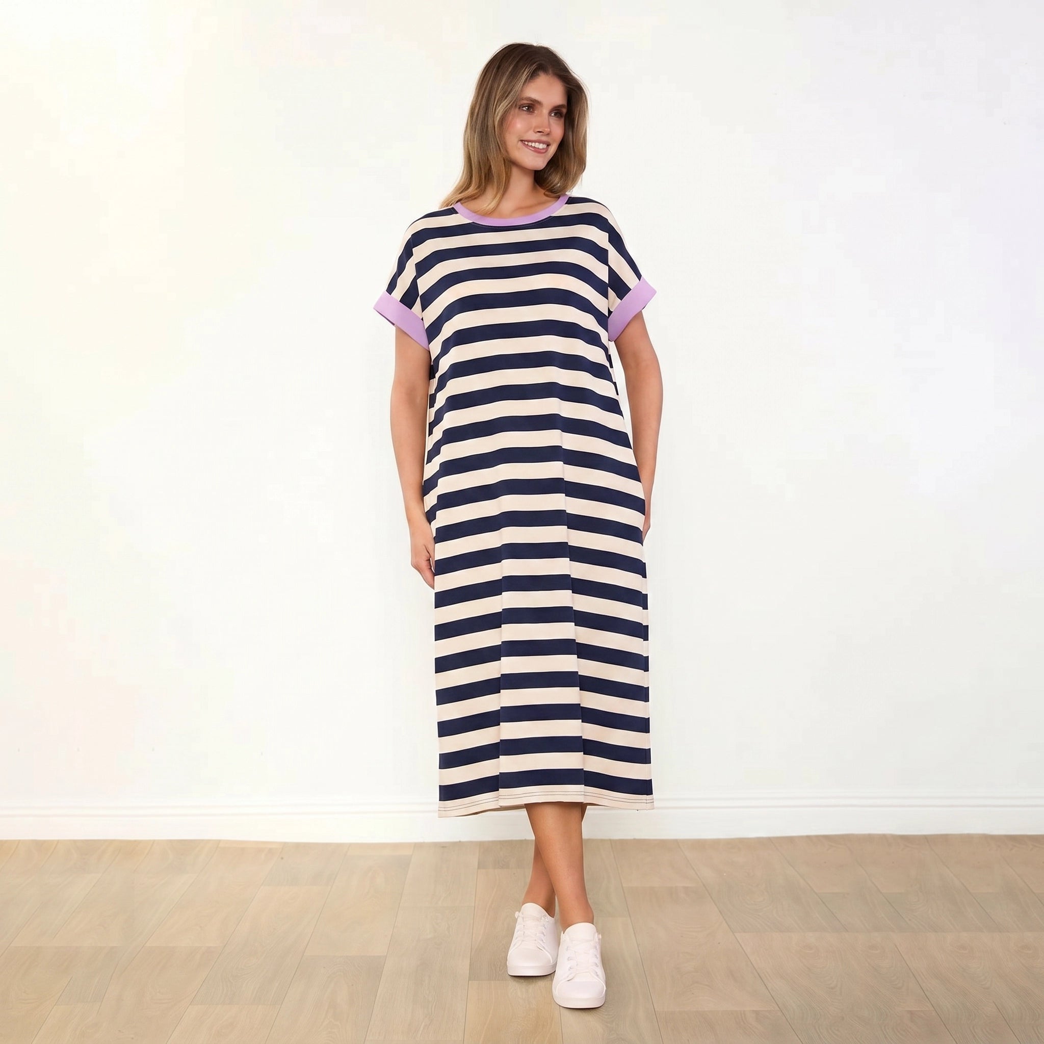 Rachel Dress Navy Stripe Lilac - Three Quarter Front