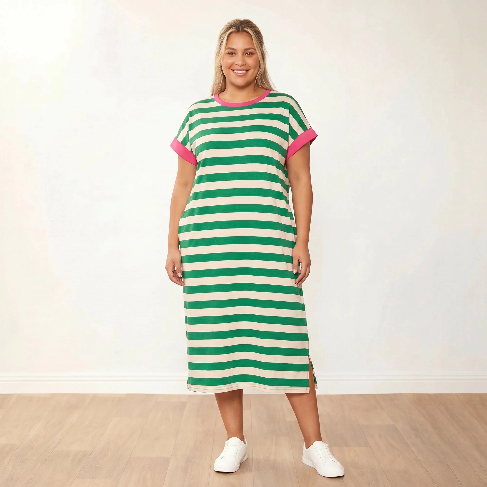 Rachel Dress (Green Stripe/Pink) - Plus Size XXL - Front Smiling