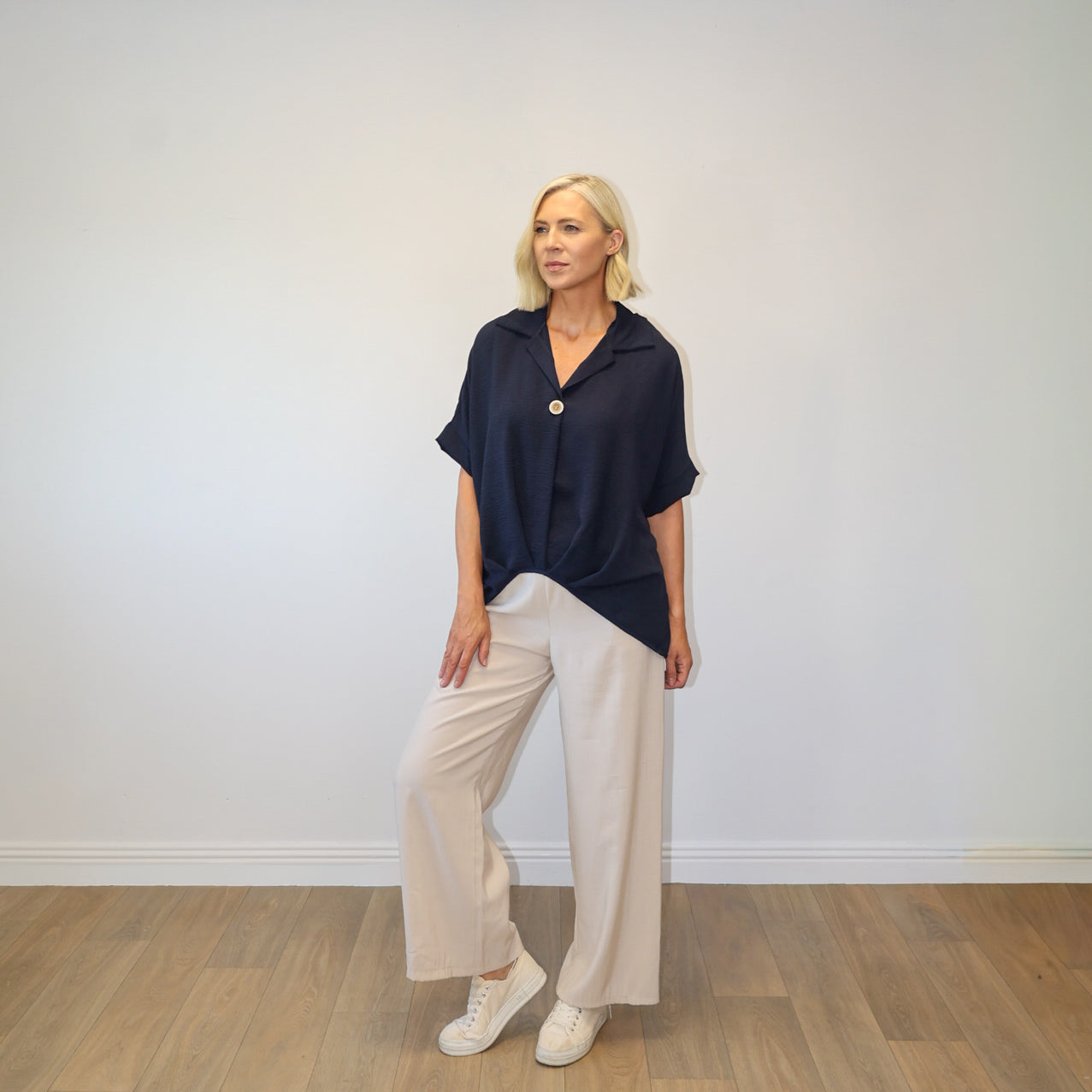 Harper Collar Button Top (Navy)