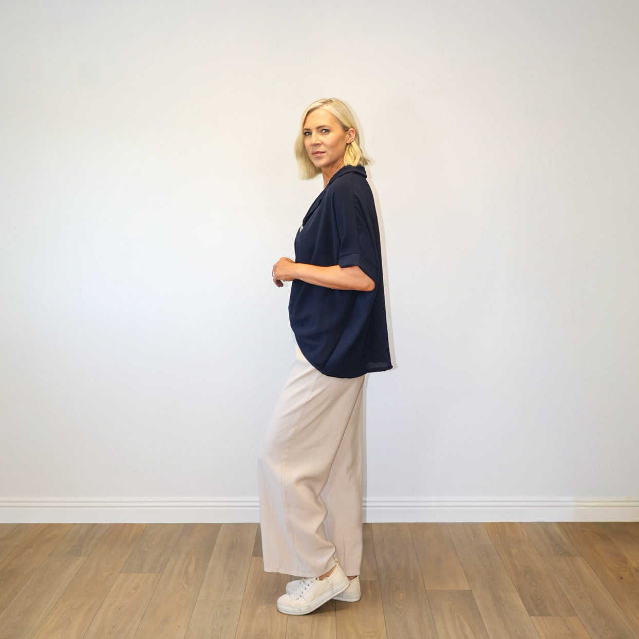 Harper Collar Button Top (Navy)