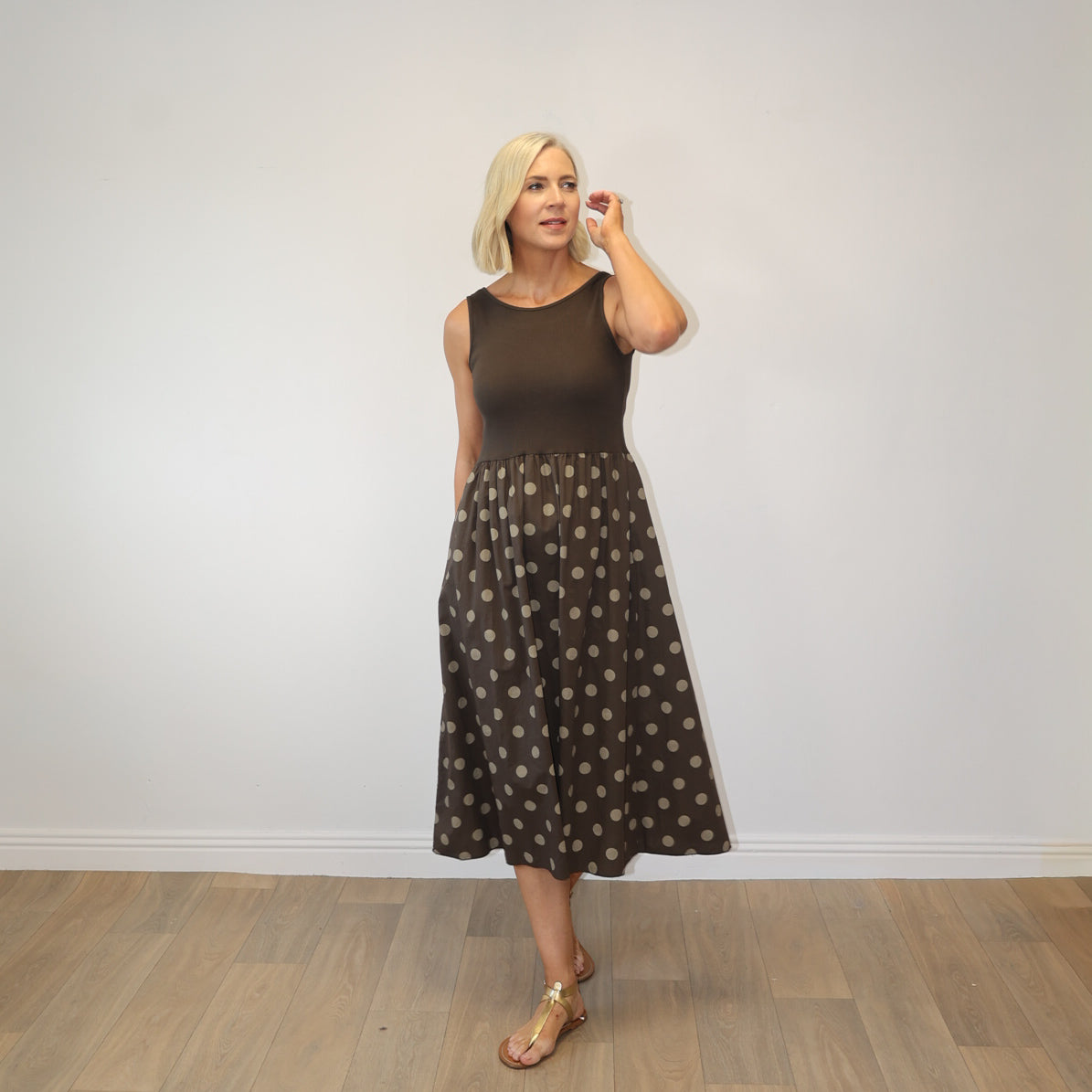 Amara Ribbed Dress (Brown Polka Dot)