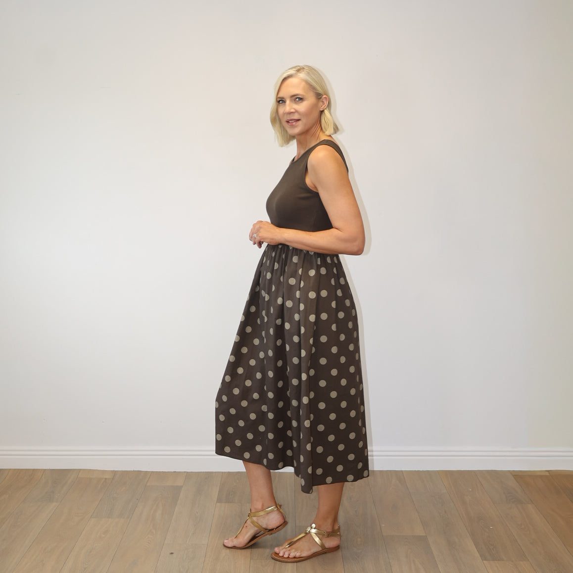 Amara Ribbed Dress (Brown Polka Dot)