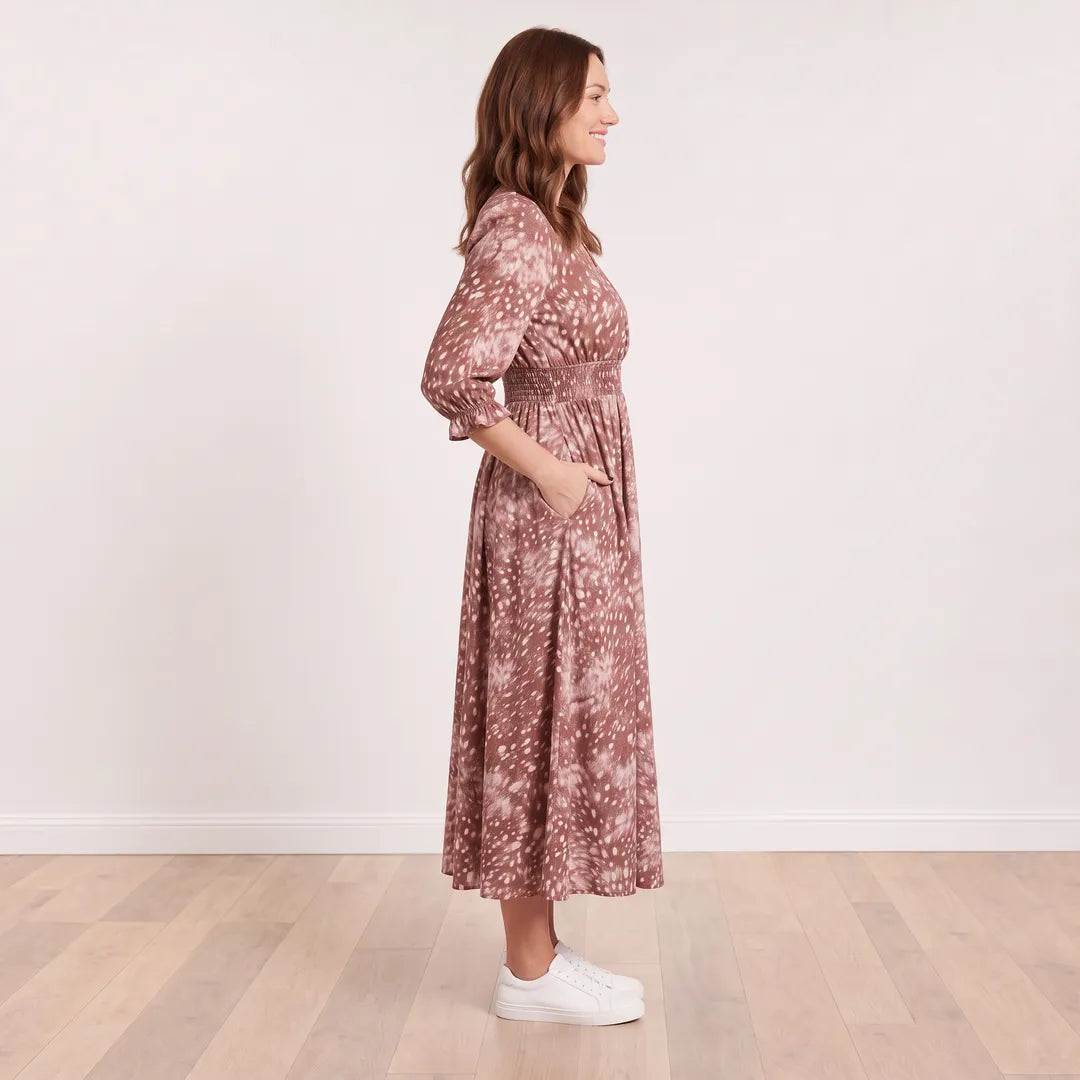 Aoife Wrap Dress (Brown Spot) on model Aisling - Side Profile View