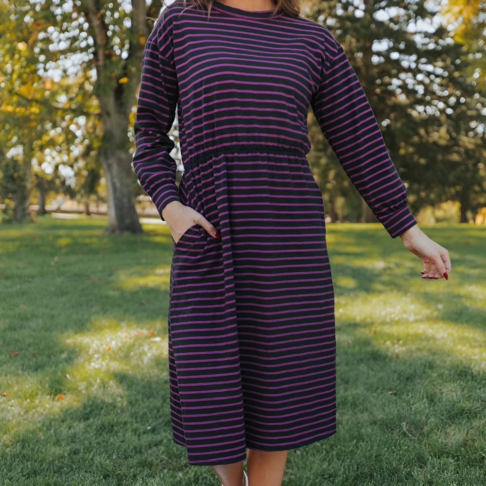 Carmen Dress (Black/Pink Stripe)
