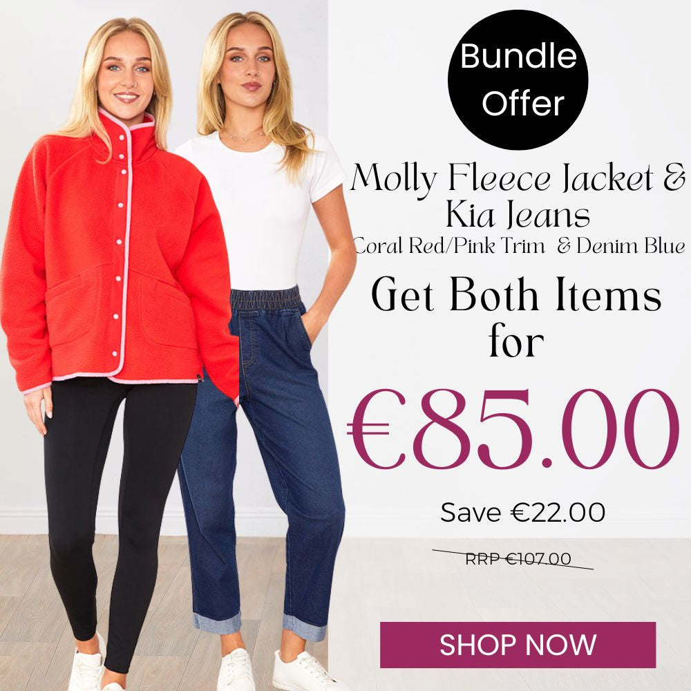 Molly Fleece (Coral Red/Pink Trim) & Kia Jeans (Denim Blue) for €85