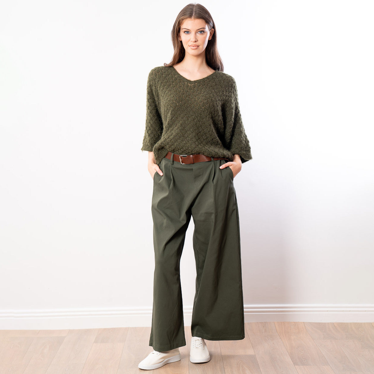 Emily V Neck Batwing Top (Khaki)
