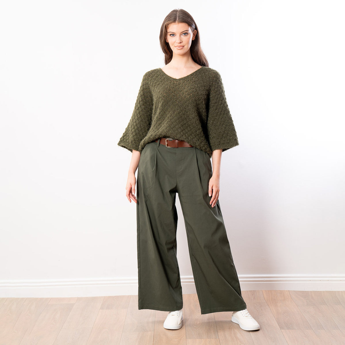 Emily V Neck Batwing Top (Khaki)