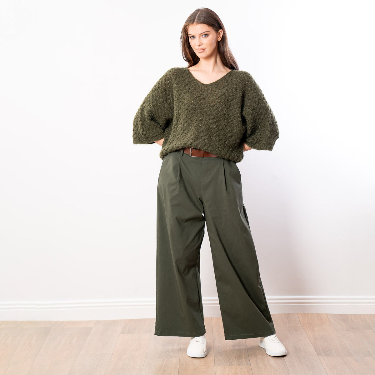 Emily V Neck Batwing Top (Khaki)