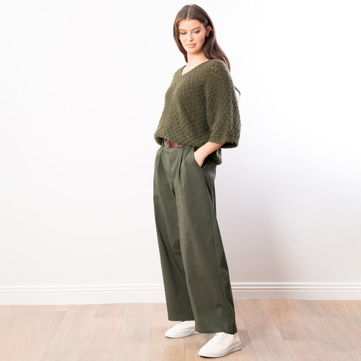 Emily V Neck Batwing Top (Khaki)