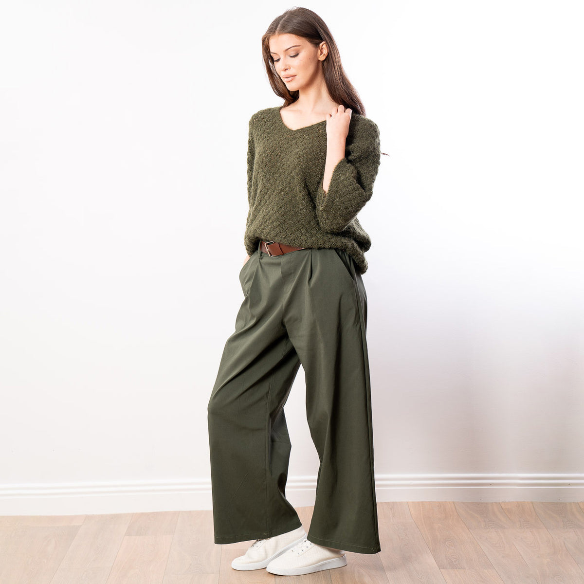 Emily V Neck Batwing Top (Khaki)