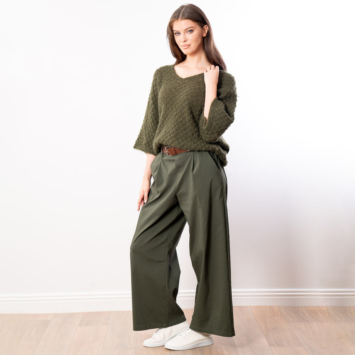 Emily V Neck Batwing Top (Khaki)