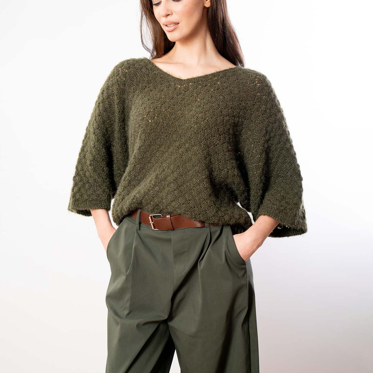 Emily V Neck Batwing Top (Khaki)