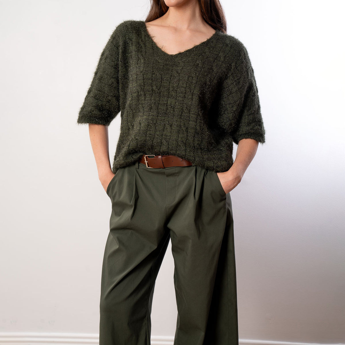 Anna V Neck Top (Khaki)