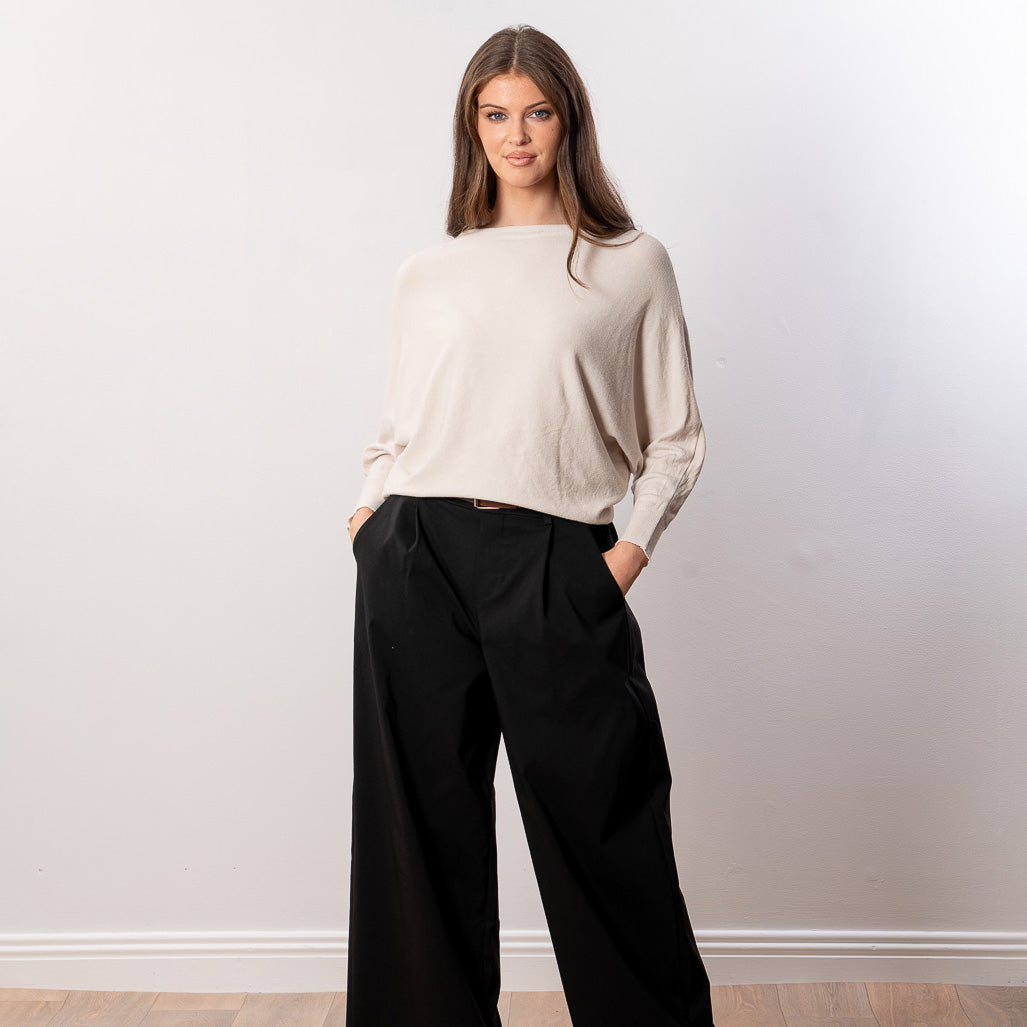 Mariah Batwing Fine Knit Top (Beige)