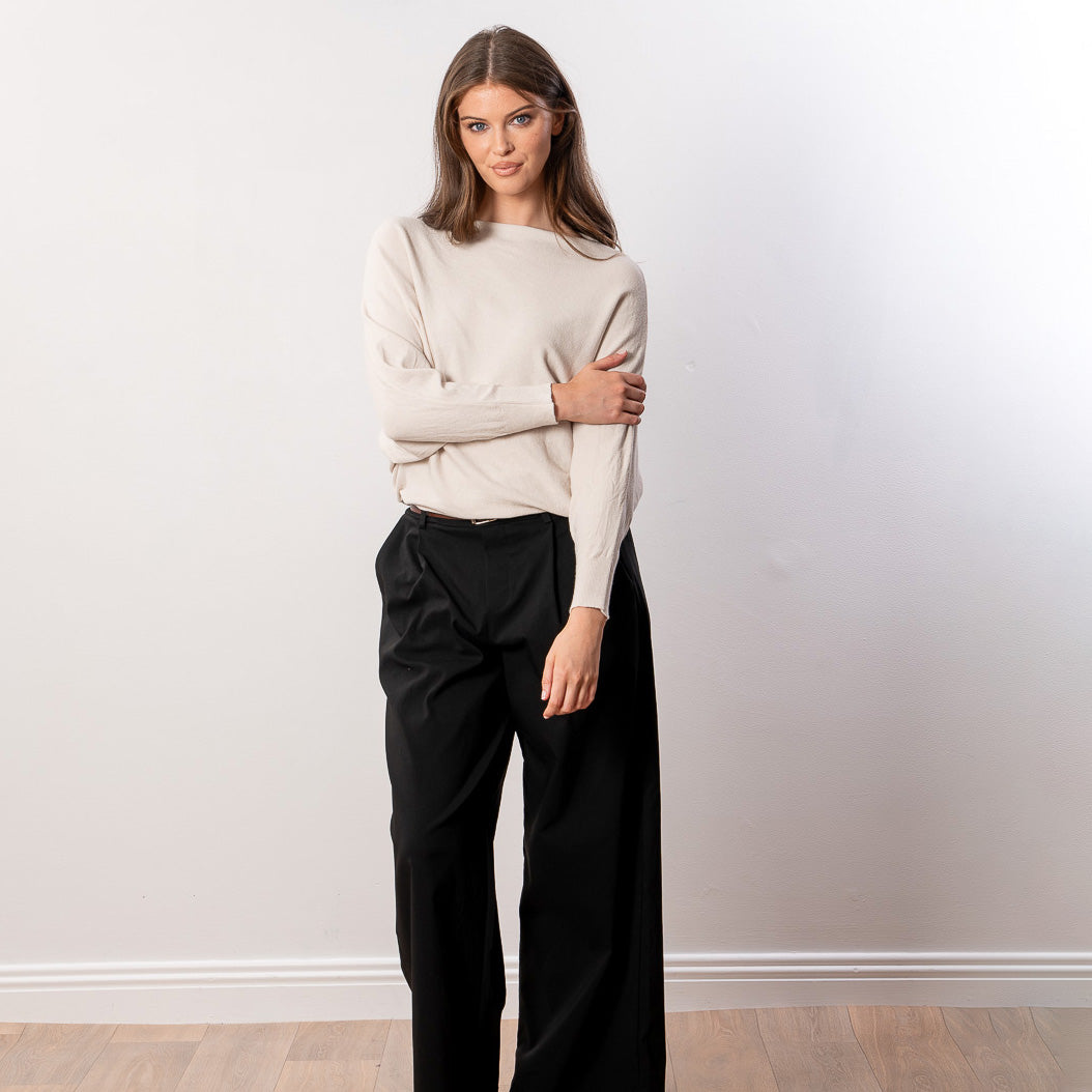 Mariah Batwing Fine Knit Top (Beige)