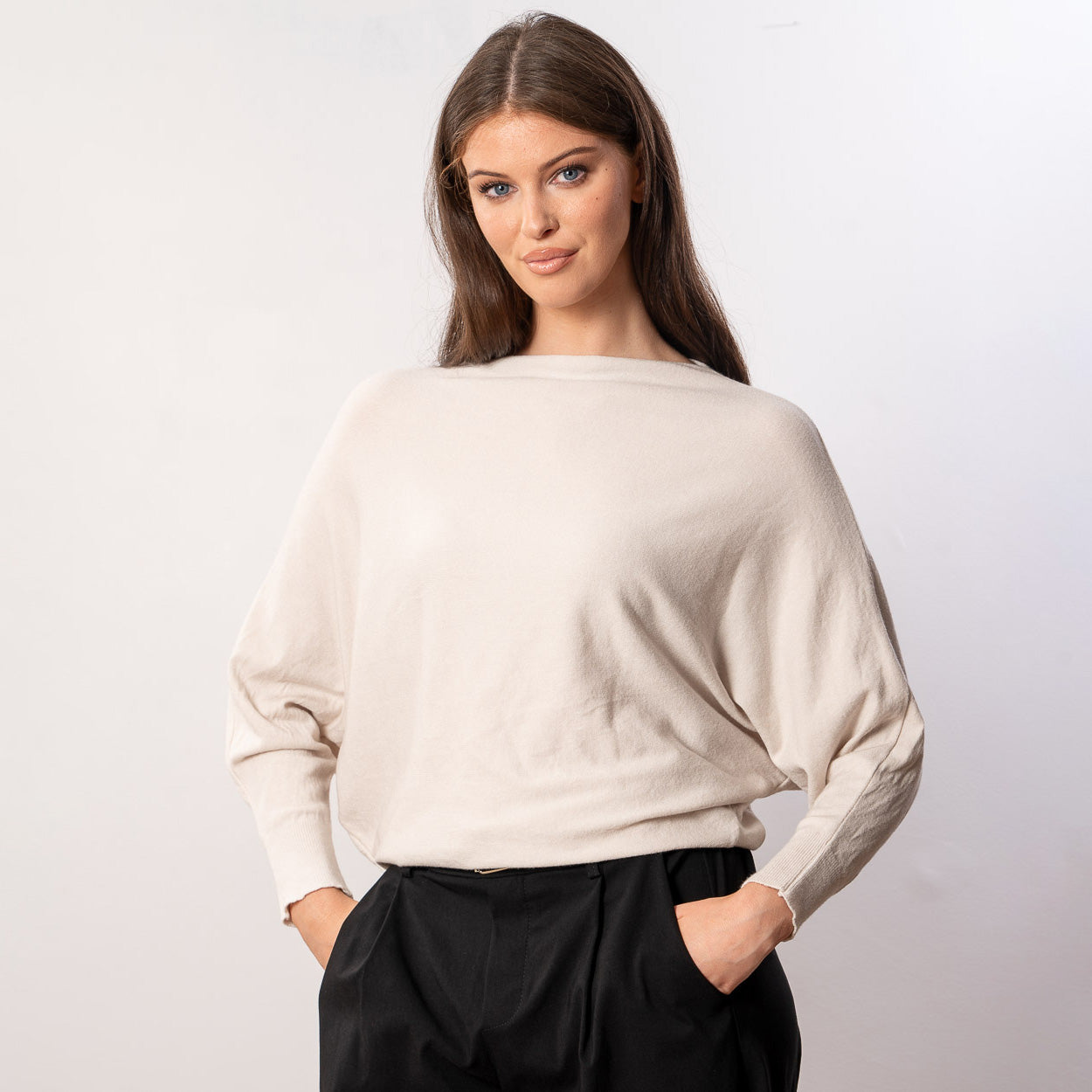Mariah Batwing Fine Knit Top (Beige)