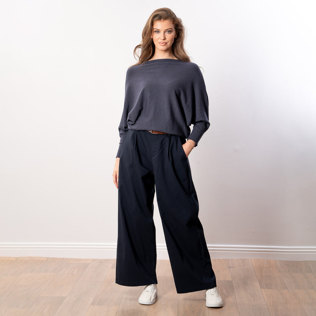 Mariah Batwing Fine Knit Top (Navy)
