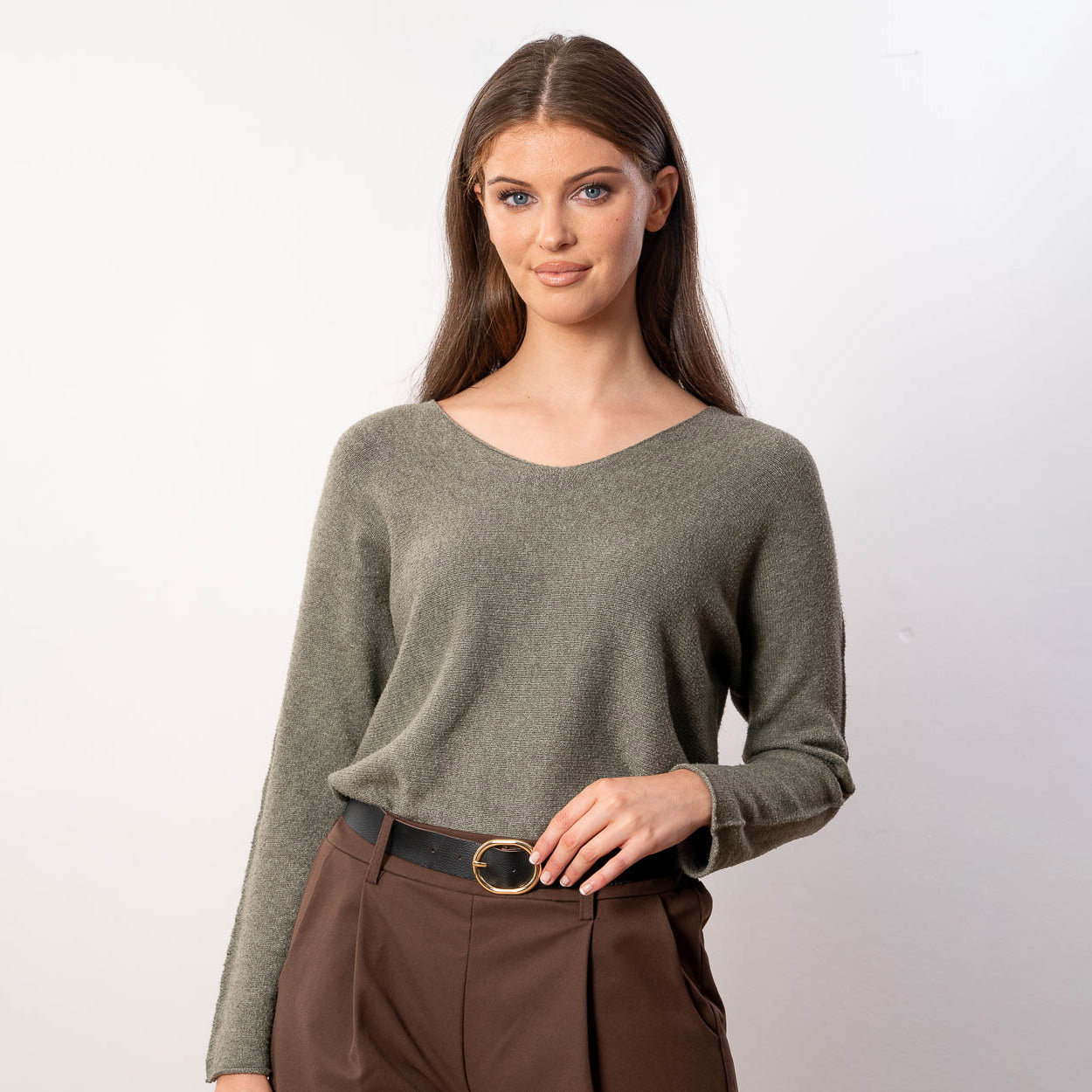 Kylie V Neck Jumper (Khaki)