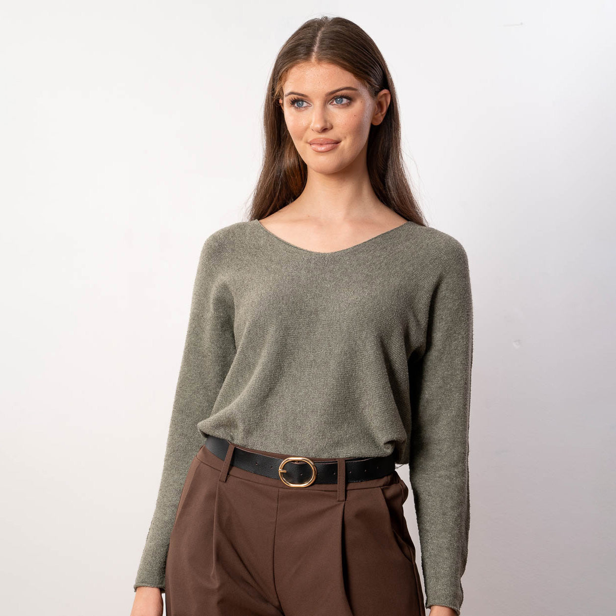 Kylie V Neck Jumper (Khaki)