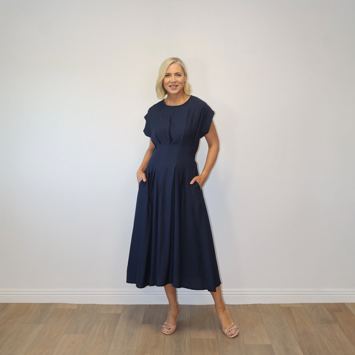 Elise Pleated Midi Dress (Navy)