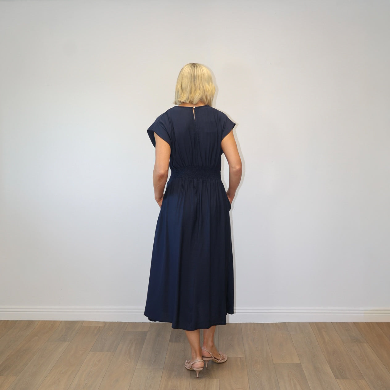Elise Pleated Midi Dress (Navy)