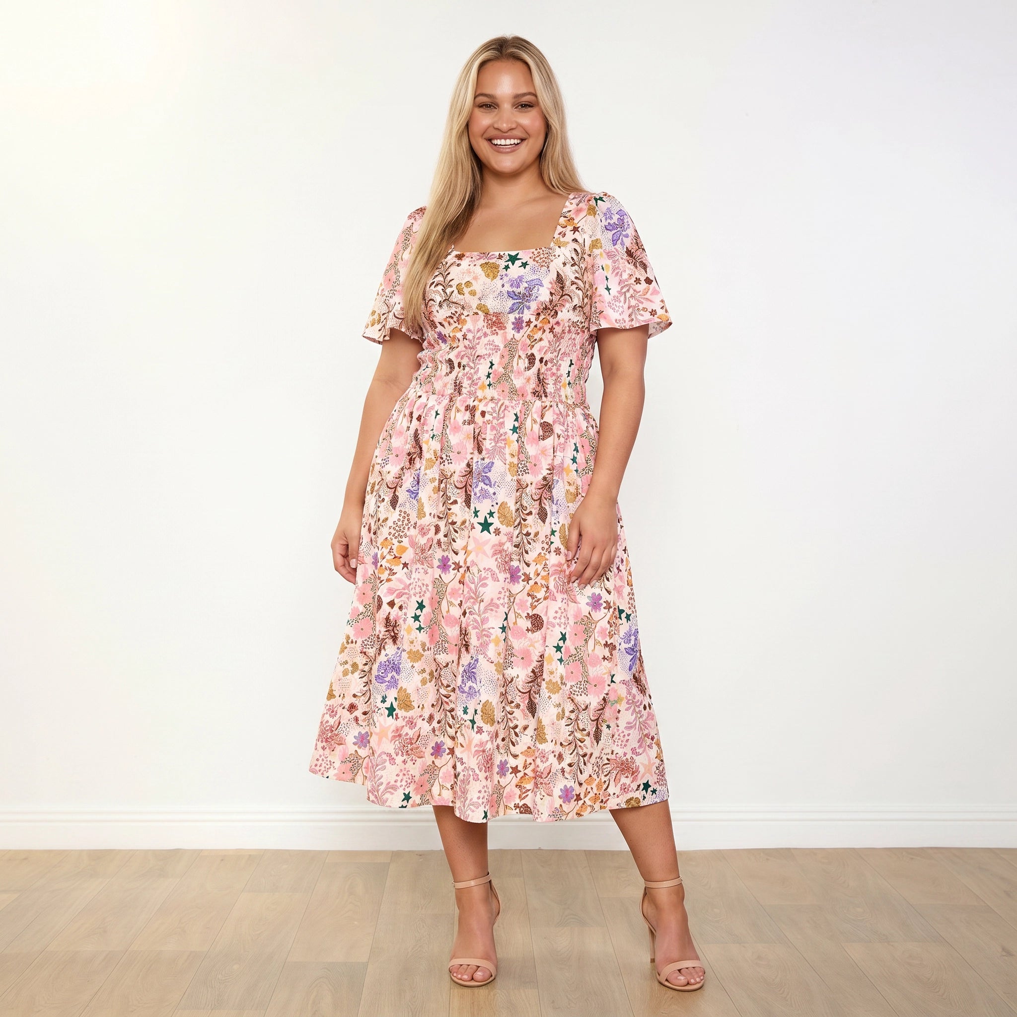 Iris Dress (Wildflower Vanilla) - Plus Size XXL - Front, weight shift, broad smile