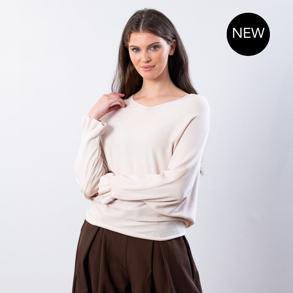 Lexie Batwing V-Neck Top (Beige)