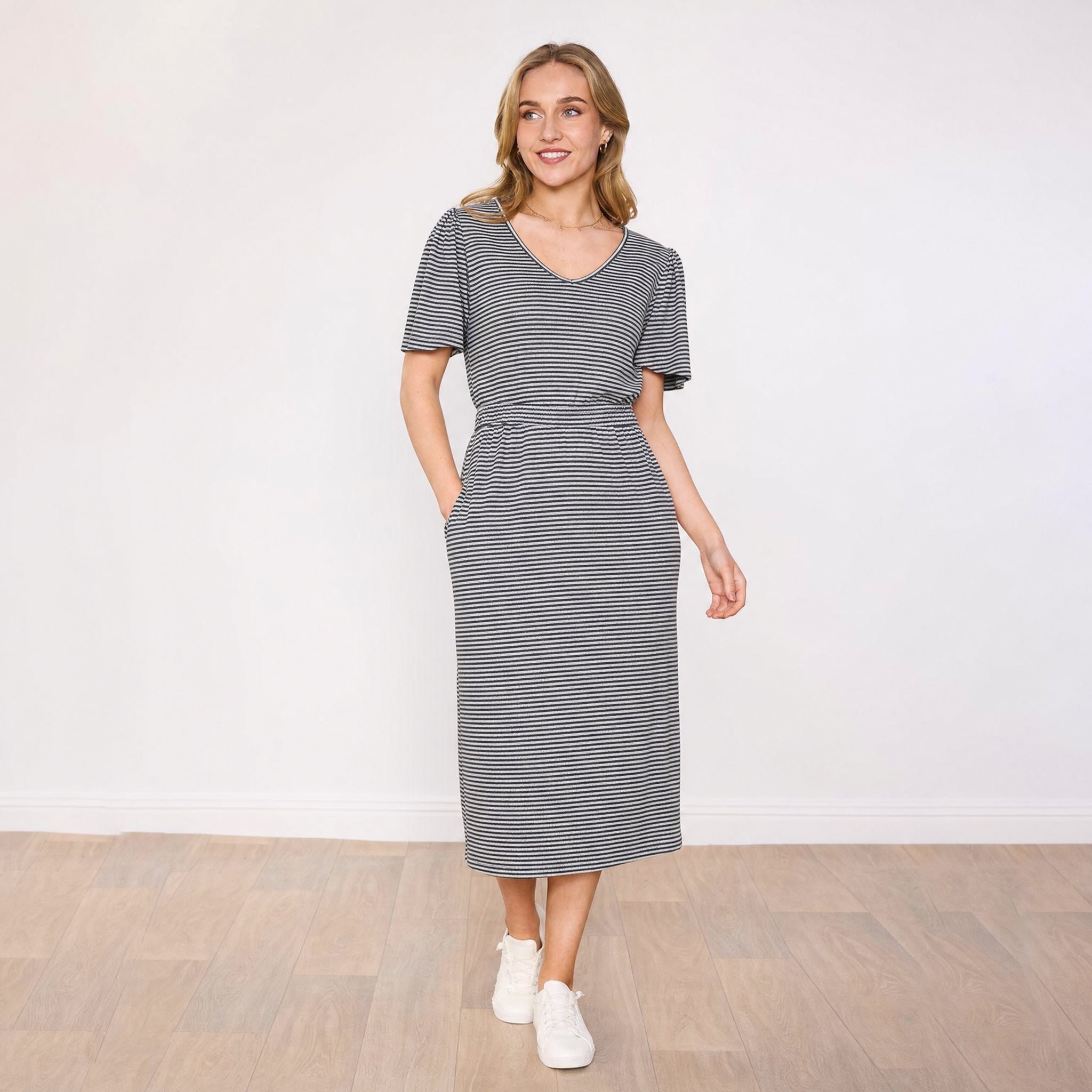 Lois Dress in navy stripe – women's dress – view 2